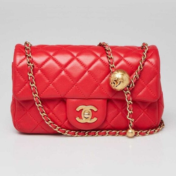 Chanel Red Quilted Lambskin Leather Pearl Crush Rectangular Mini Flap Bag - Picture 1 of 10
